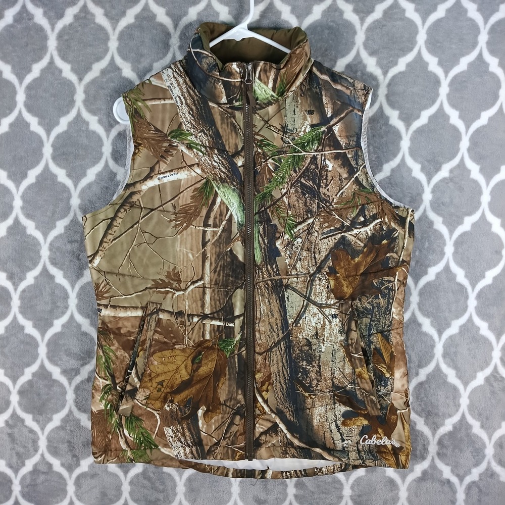 Cabelas Puffer Vest Women S Brown Realtree Camo Full Zip Sleeveless Gorpcore
